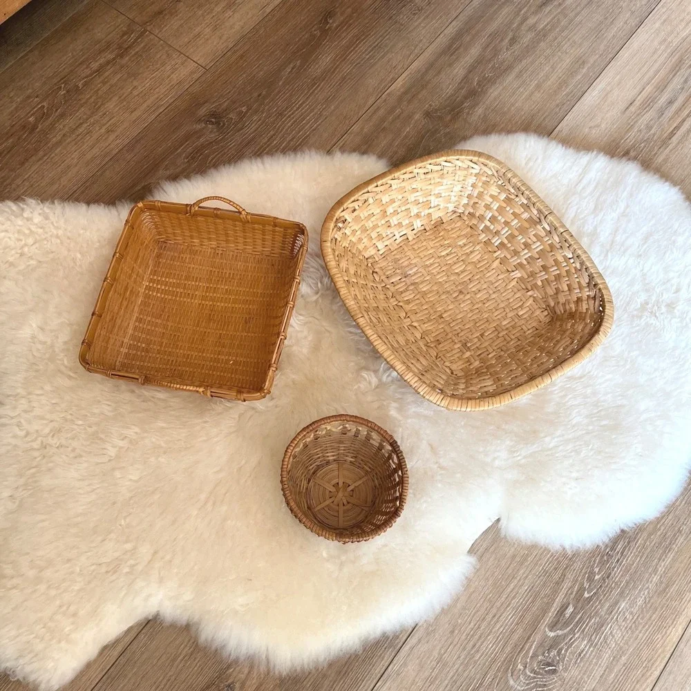 Vintage Woven Basket Lot Set of 3 - Wicker Rattan Boho Decorative Trays